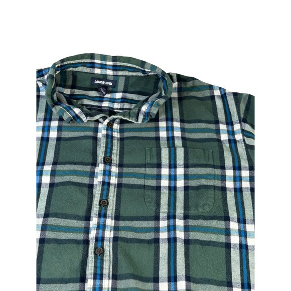 Lands End Flannel Shirt Green White Blue Plaid Men's 3XL/T Long Sleeve Buttons - Picture 2 of 10